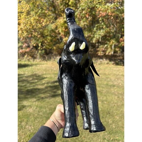 Vintage Leather Wrapped Elephant Statue W Tusks, Trunk Up Black 13”L x 13”H - Picture 3 of 13